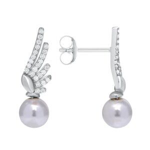 Sterling Silver 925 Rhodium Plated White Shell Pearl CZ Wings Stud Earrings